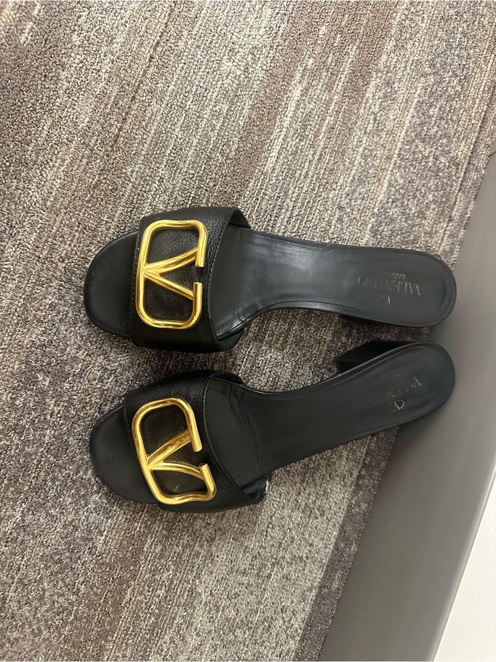 Authentic Valentino Black Leather Slide Mules with Gold VLogo Accent
